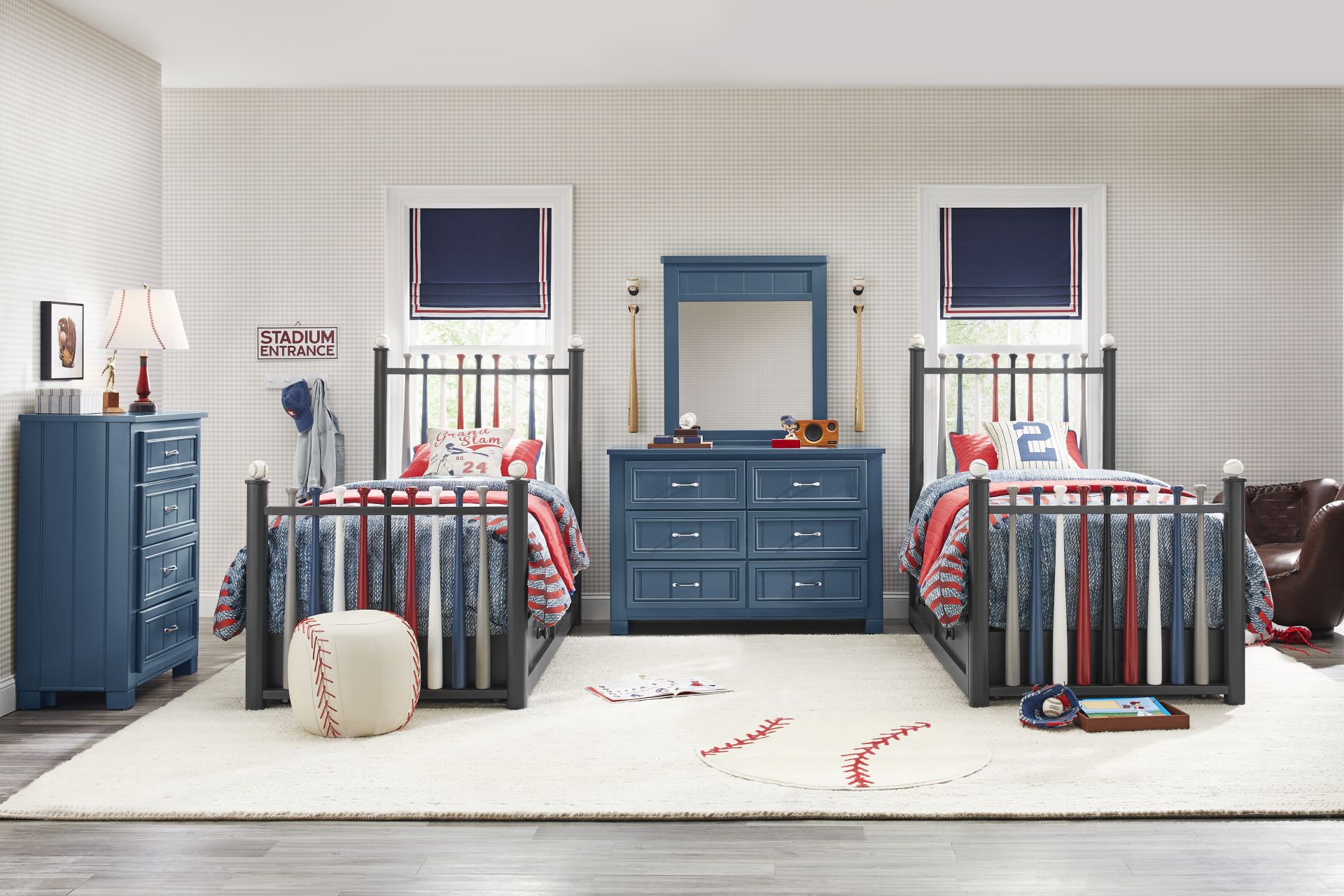 Kids Cottage Colors Navy Bedroom with 2 Batter Up Painted Twin Baseball Bat Beds - Image 1