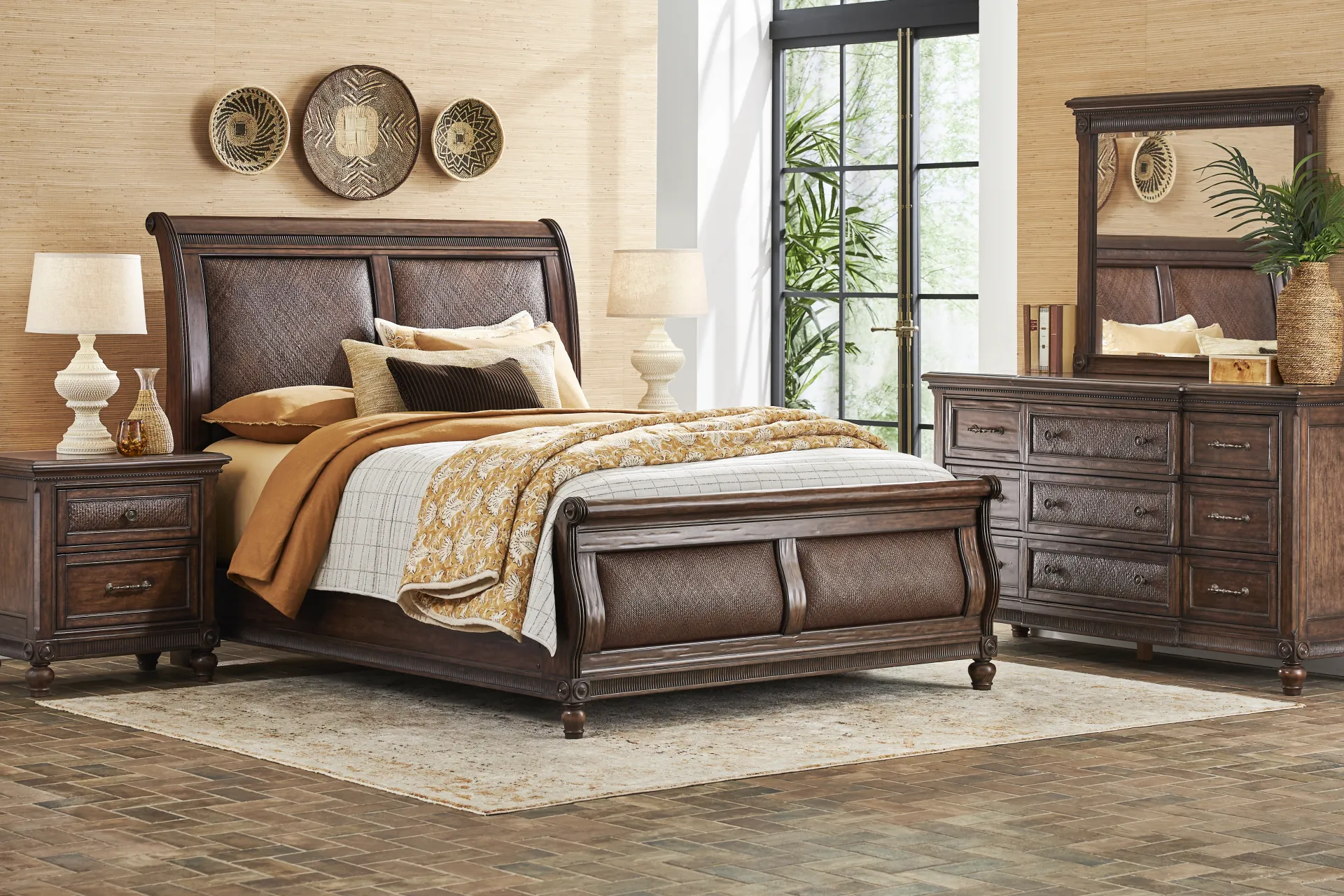West Indies Brown 3 Pc Queen Sleigh Bed - Image 1