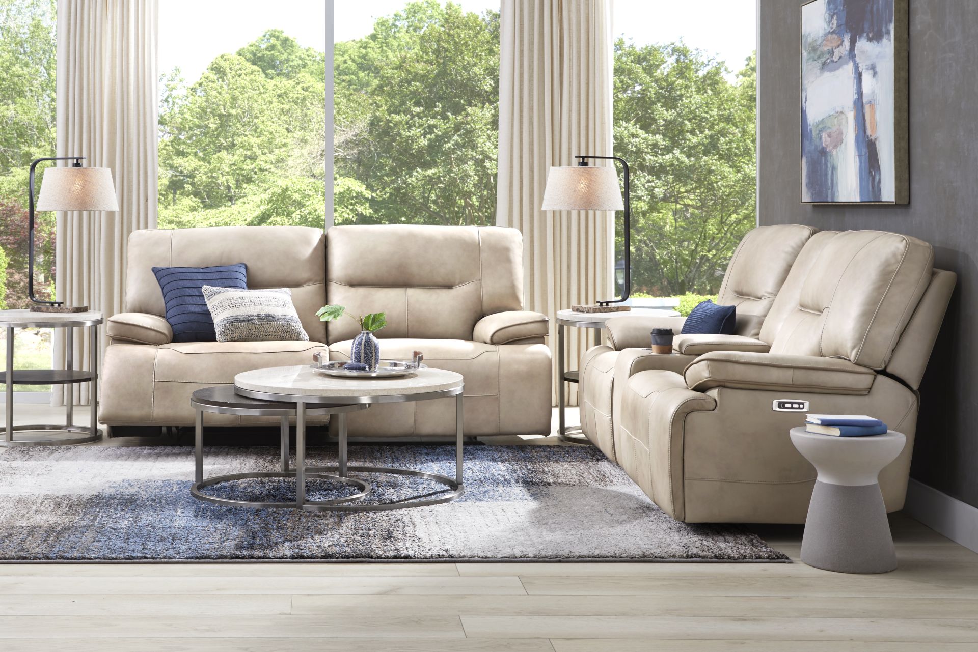 Caletta Way Beige Leather 7 Pc Dual Power Reclining Living Room - Image 1