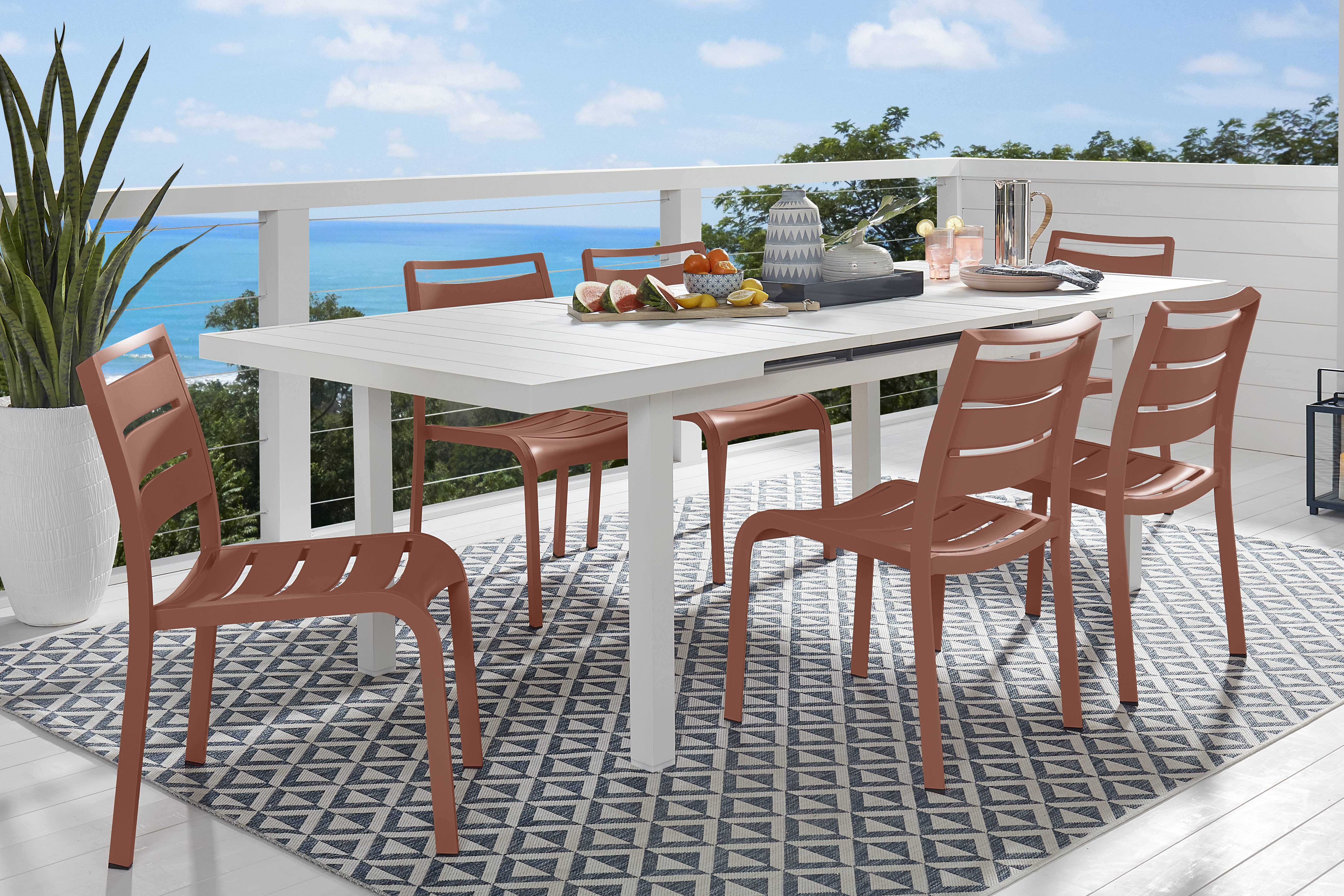 Park Walk White 7 Pc 73 - 97 in. Rectangle Extension Outdoor Dining Set with Coral Chairs - Thumbnail - Image 1