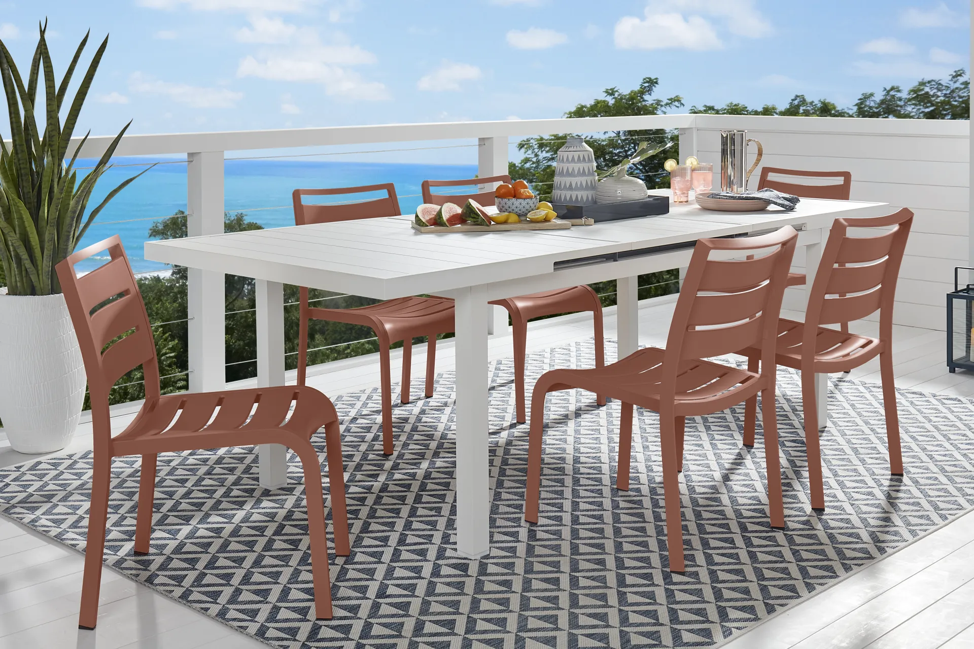 Park Walk White 7 Pc 73 - 97 in. Rectangle Extension Outdoor Dining Set with Coral Chairs - Image 1
