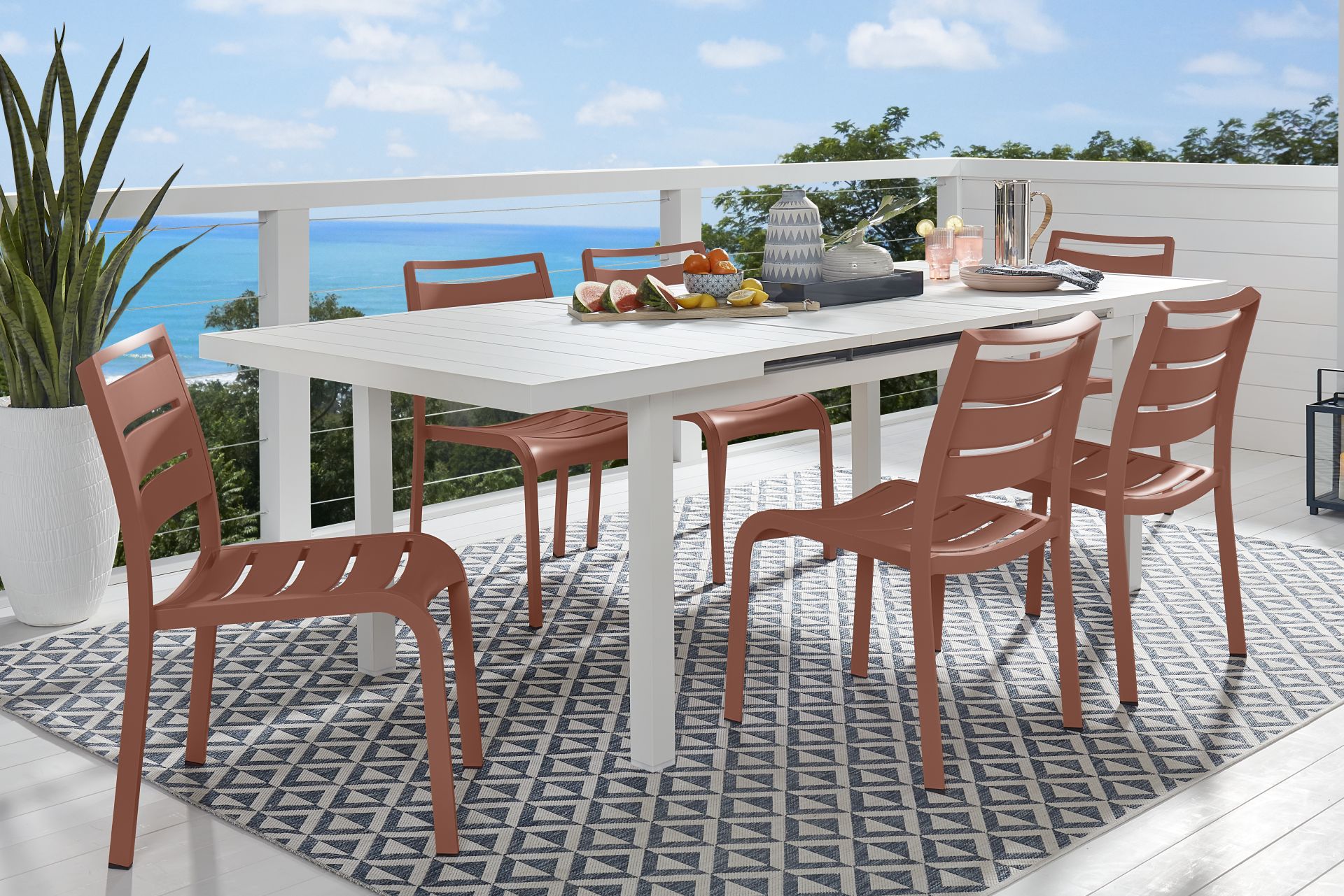 Park Walk White 7 Pc 73 - 97 in. Rectangle Extension Outdoor Dining Set with Coral Chairs - Image 1