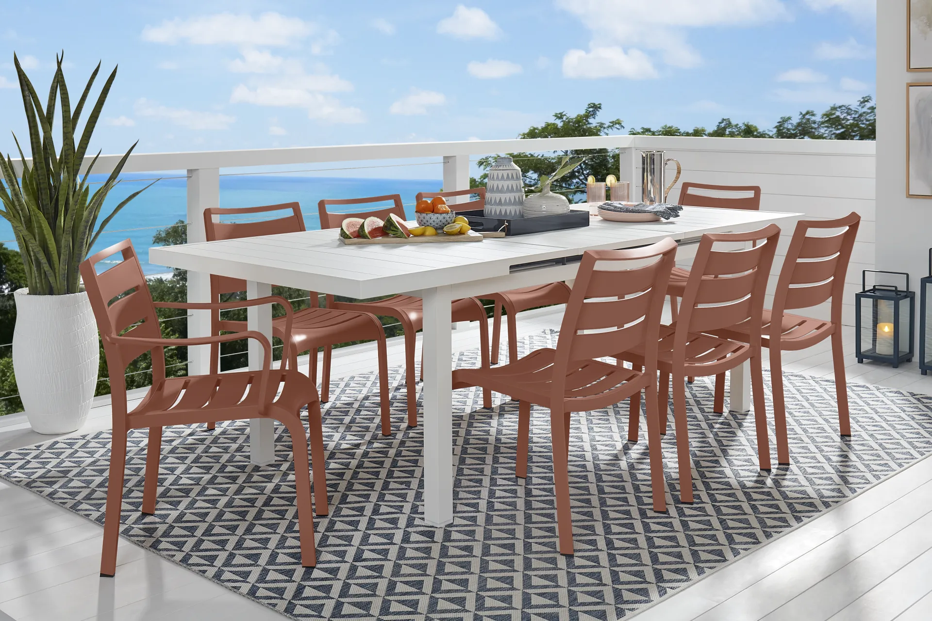 Park Walk White 9 Pc 73 - 97 in. Rectangle Extension Outdoor Dining Set with Coral Chairs - Image 1