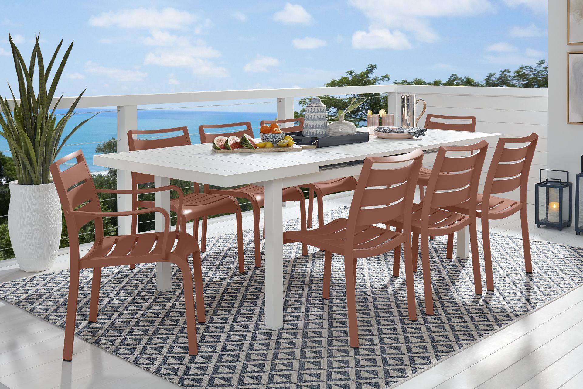 Park Walk White 9 Pc 73 - 97 in. Rectangle Extension Outdoor Dining Set with Coral Chairs - Image 1