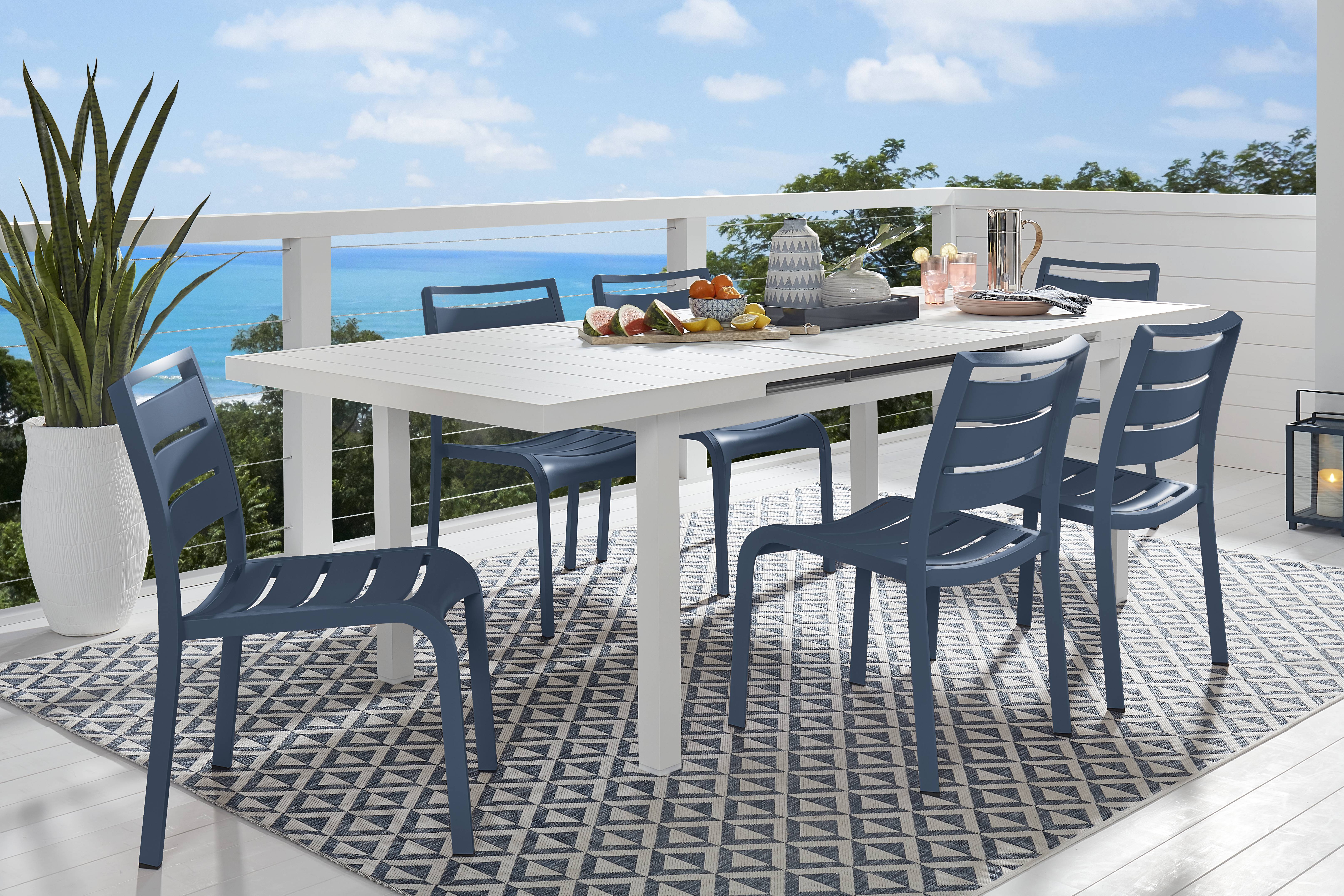 Park Walk White 7 Pc 73 - 97 in. Rectangle Extension Outdoor Dining Set with Navy Chairs - Thumbnail - Image 1