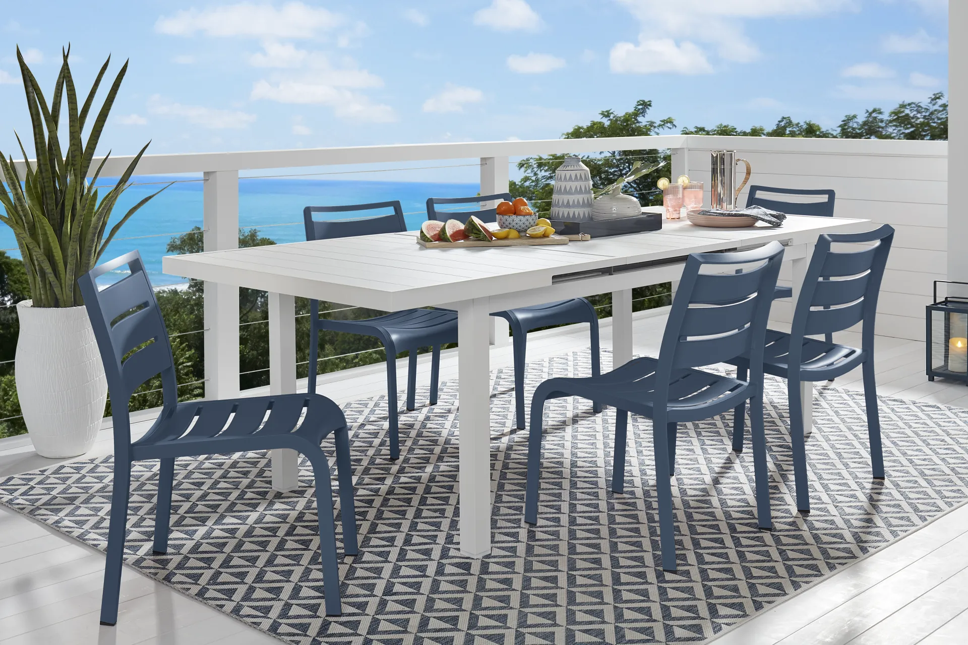 Park Walk White 7 Pc 73 - 97 in. Rectangle Extension Outdoor Dining Set with Navy Chairs - Image 1