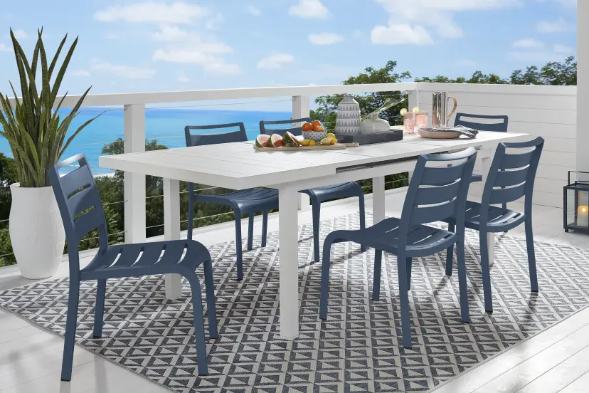 Park Walk White 7 Pc 73 - 97 in. Rectangle Extension Outdoor Dining Set with Navy Chairs