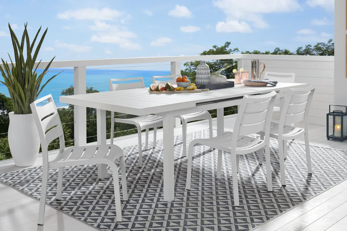 Park Walk White 7 Pc 73 - 97 in. Rectangle Extension Outdoor Dining Set with White Chairs