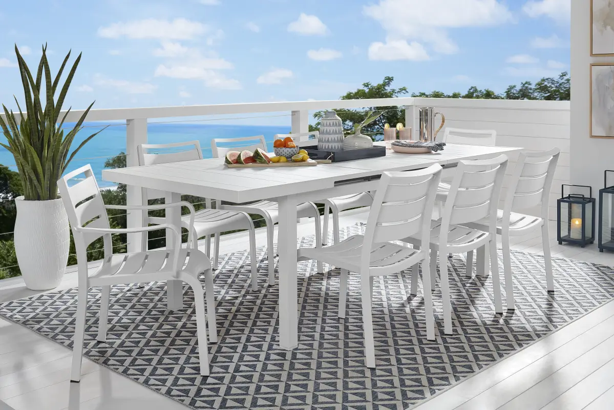 Park Walk White 9 Pc 73 - 97 in. Rectangle Extension Outdoor Dining Set with White Chairs