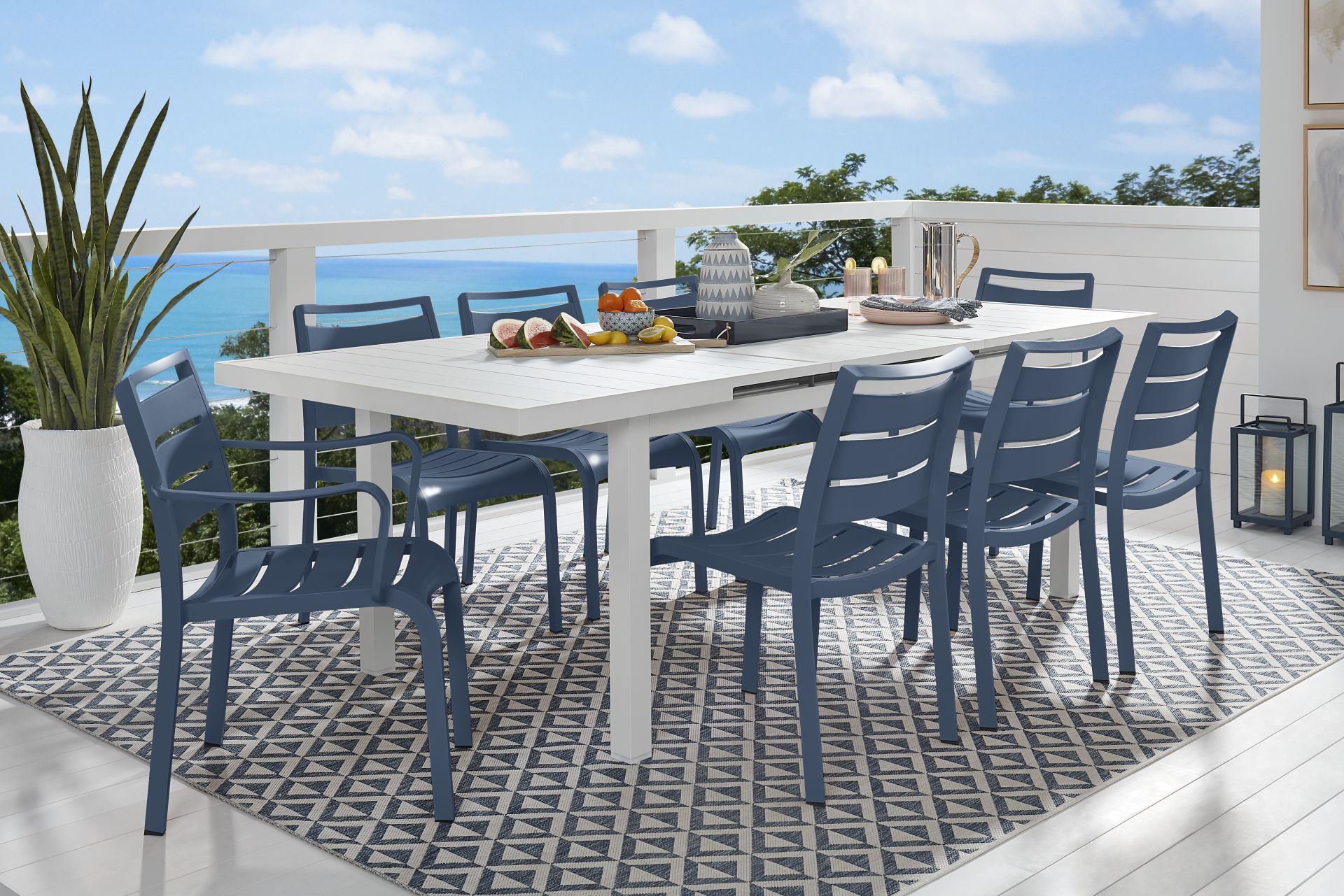 Park Walk White 9 Pc 73 - 97 in. Rectangle Extension Outdoor Dining Set with Navy Chairs - Image 1