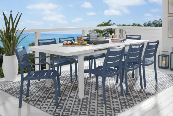 Park Walk White 9 Pc 73 - 97 in. Rectangle Extension Outdoor Dining Set with Navy Chairs