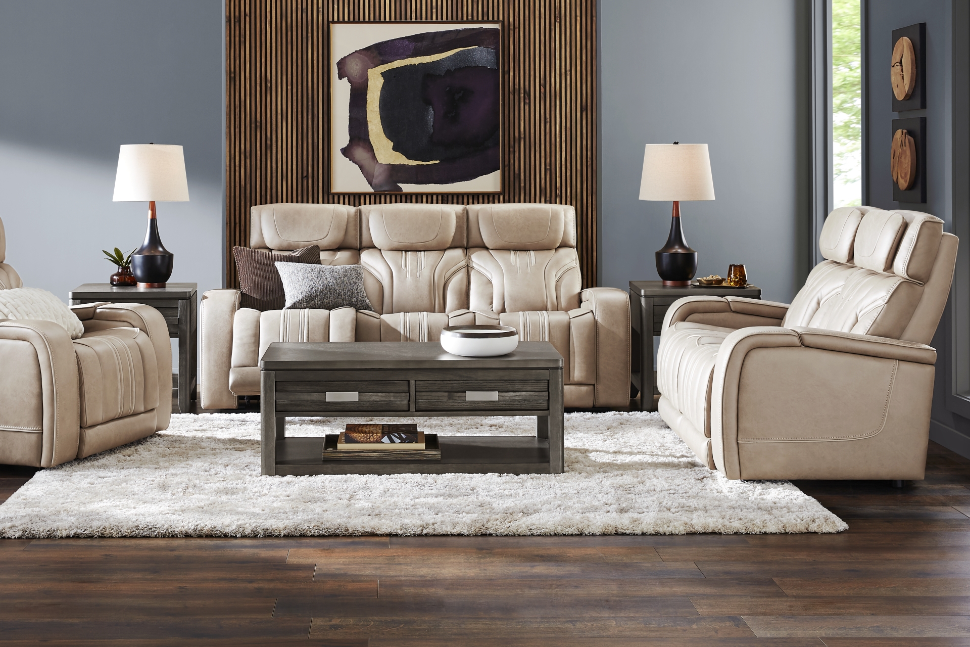 Southlake Sand 5 Pc Living Room with Triple Power Reclining Sofa full room