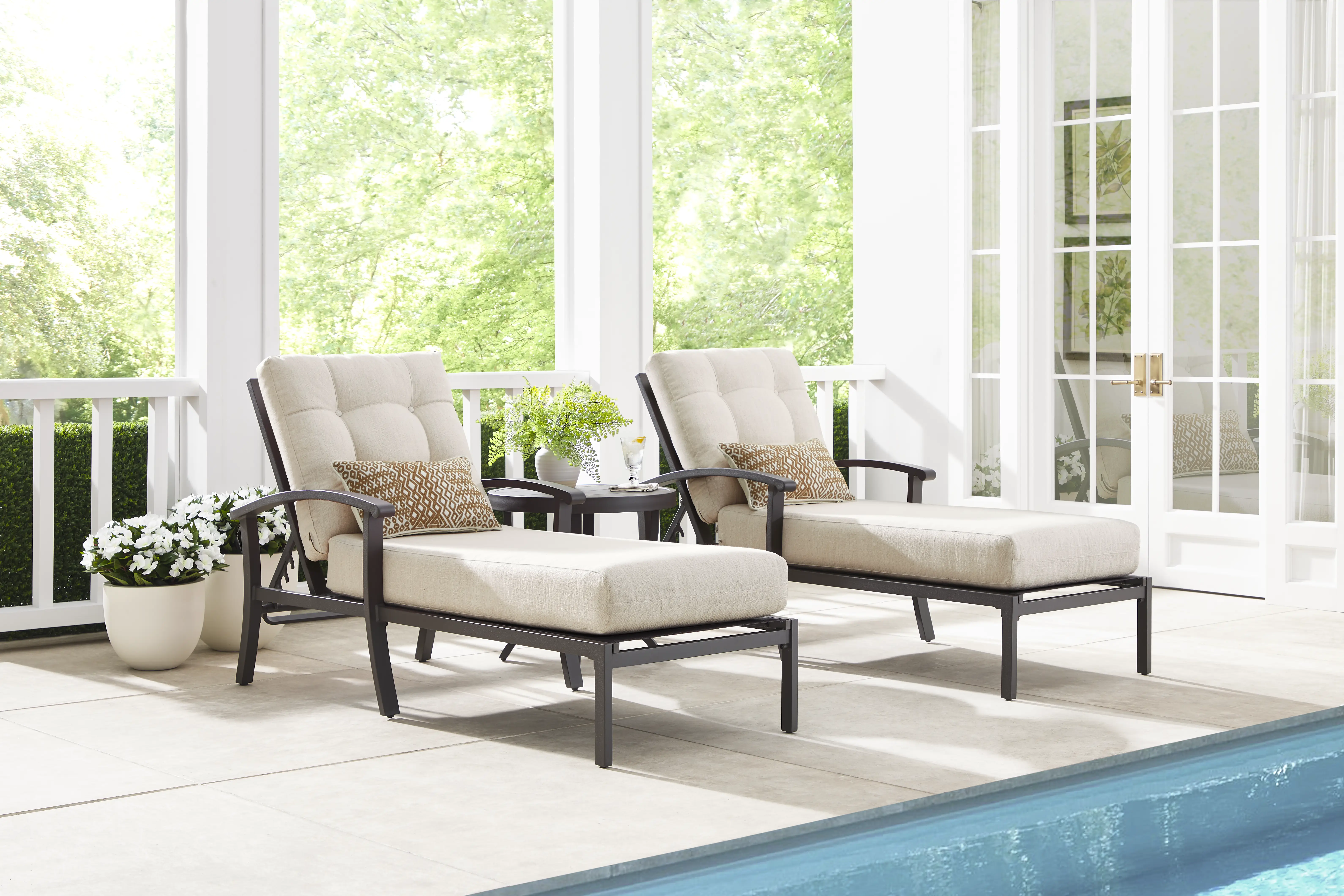 Lake Breeze Aged Bronze Outdoor Chaise with Parchment Cushions, Set of 2 - Thumbnail - Image 1