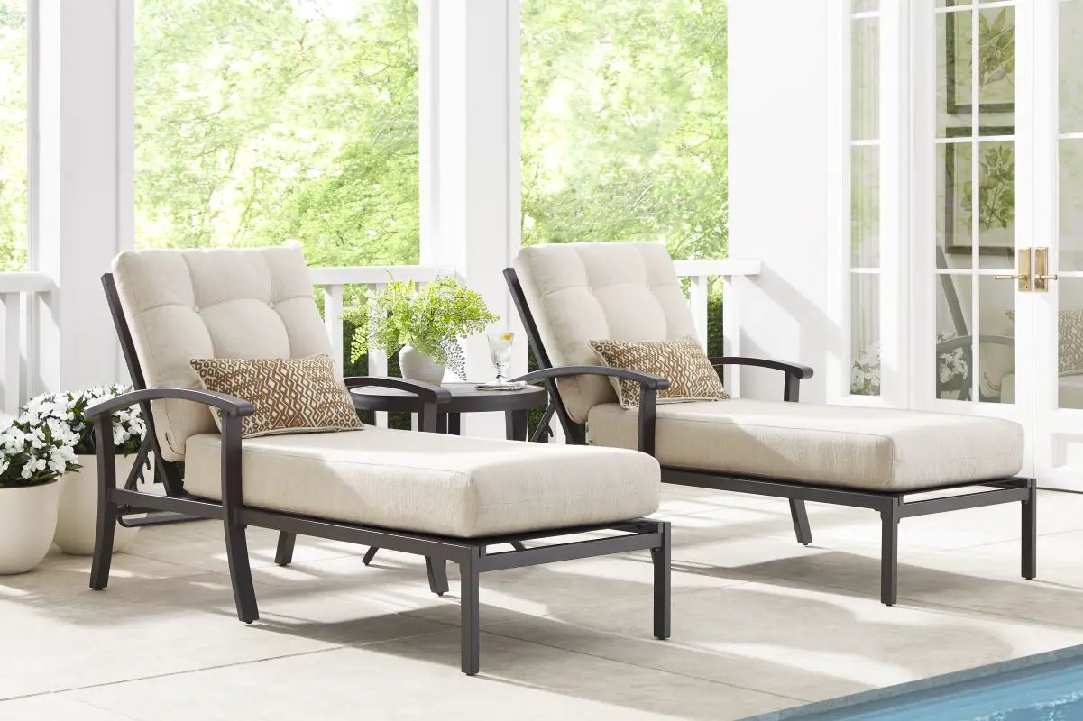 Lake Breeze Aged Bronze Outdoor Chaise with Parchment Cushions, Set of 2