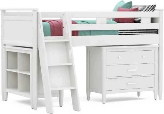 Kids Modern Colors White Twin Loft with Loft Chest and Bookcase
