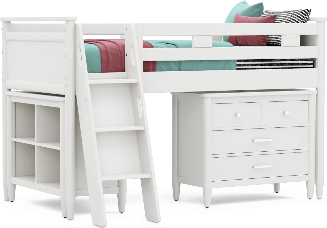 Kids Modern Colors White Twin Loft with Loft Chest and Bookcase