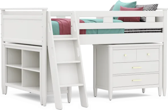 Kids Modern Colors White Full Loft with Loft Chest and Bookcase