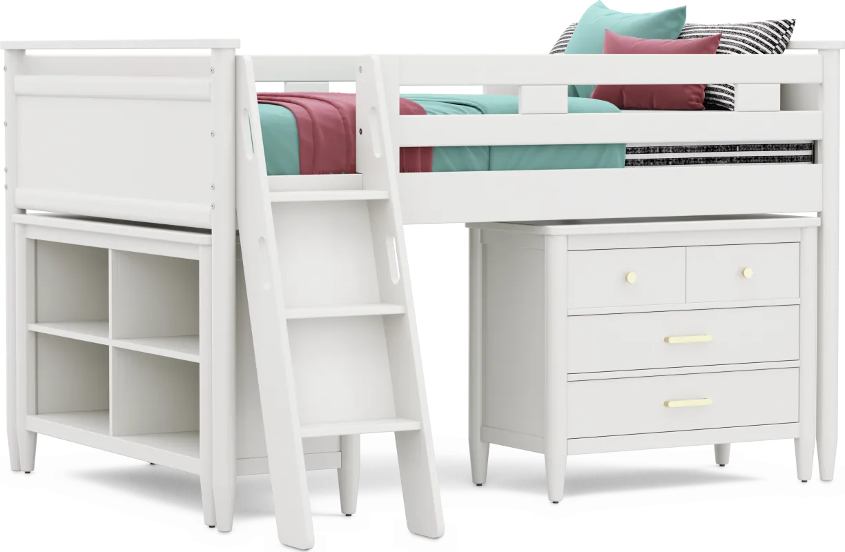 Kids Modern Colors White Full Loft with Loft Chest and Bookcase