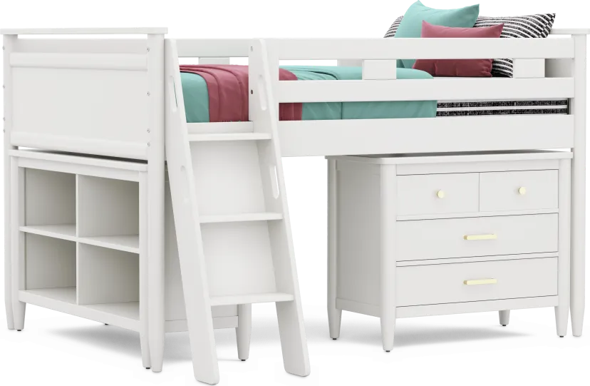 Kids Modern Colors White Full Loft with Loft Chest and Bookcase