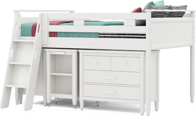 Kids Modern Colors White Full Loft with Loft Chest, Bookcase and Desk