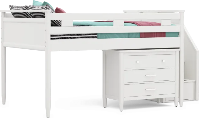 Kids Modern Colors White Full Step Loft with Loft Chest