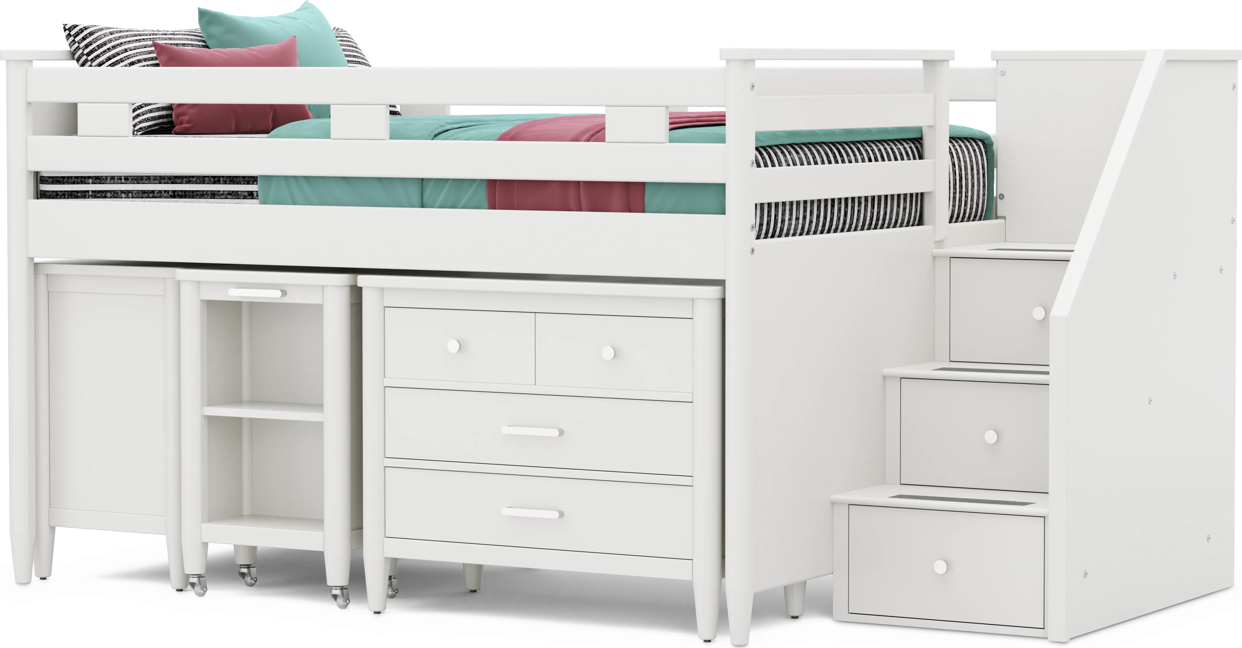 Kids Modern Colors White Full Step Loft with Loft Chest, Bookcase and Desk - Thumbnail - Image 1