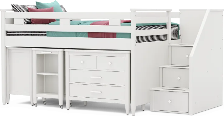 Kids Modern Colors White Full Step Loft with Loft Chest, Bookcase and Desk