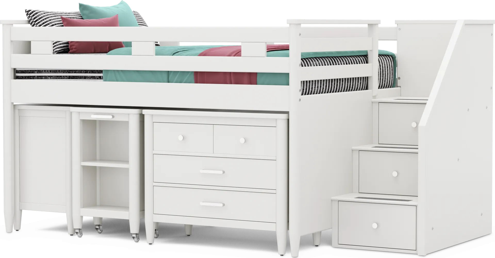 Kids Modern Colors White Full Step Loft with Loft Chest, Bookcase and Desk - Image 1