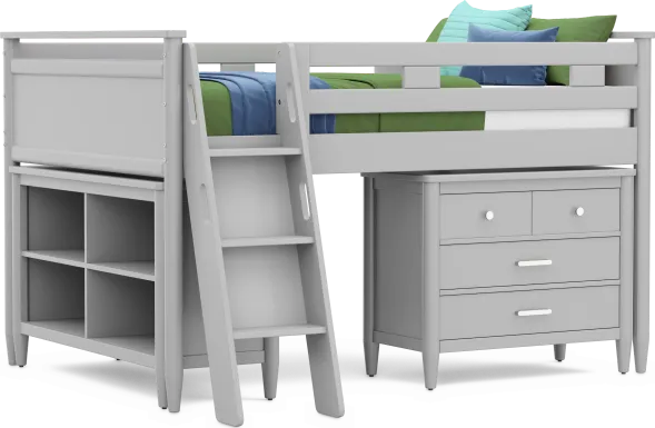Kids Modern Colors Light Gray Full Loft with Loft Chest and Bookcase