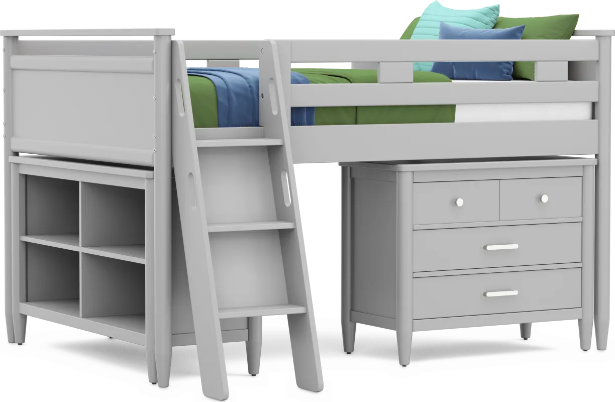 Kids Modern Colors Light Gray Full Loft with Loft Chest and Bookcase