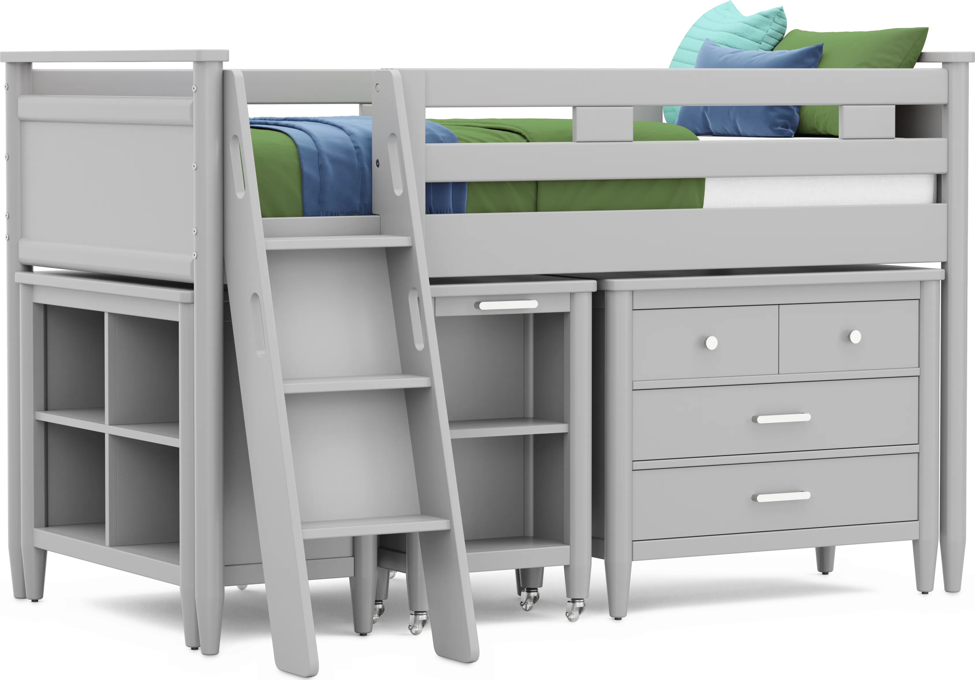 Kids Modern Colors Light Gray Twin Loft with Loft Chest, Bookcase and Desk - Thumbnail - Image 1