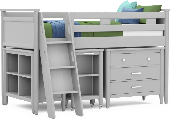Kids Modern Colors Light Gray Twin Loft with Loft Chest, Bookcase and Desk