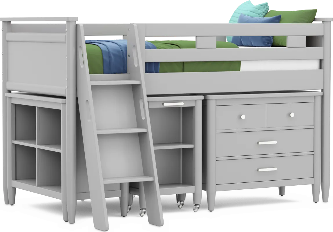 Kids Modern Colors Light Gray Twin Loft with Loft Chest, Bookcase and Desk