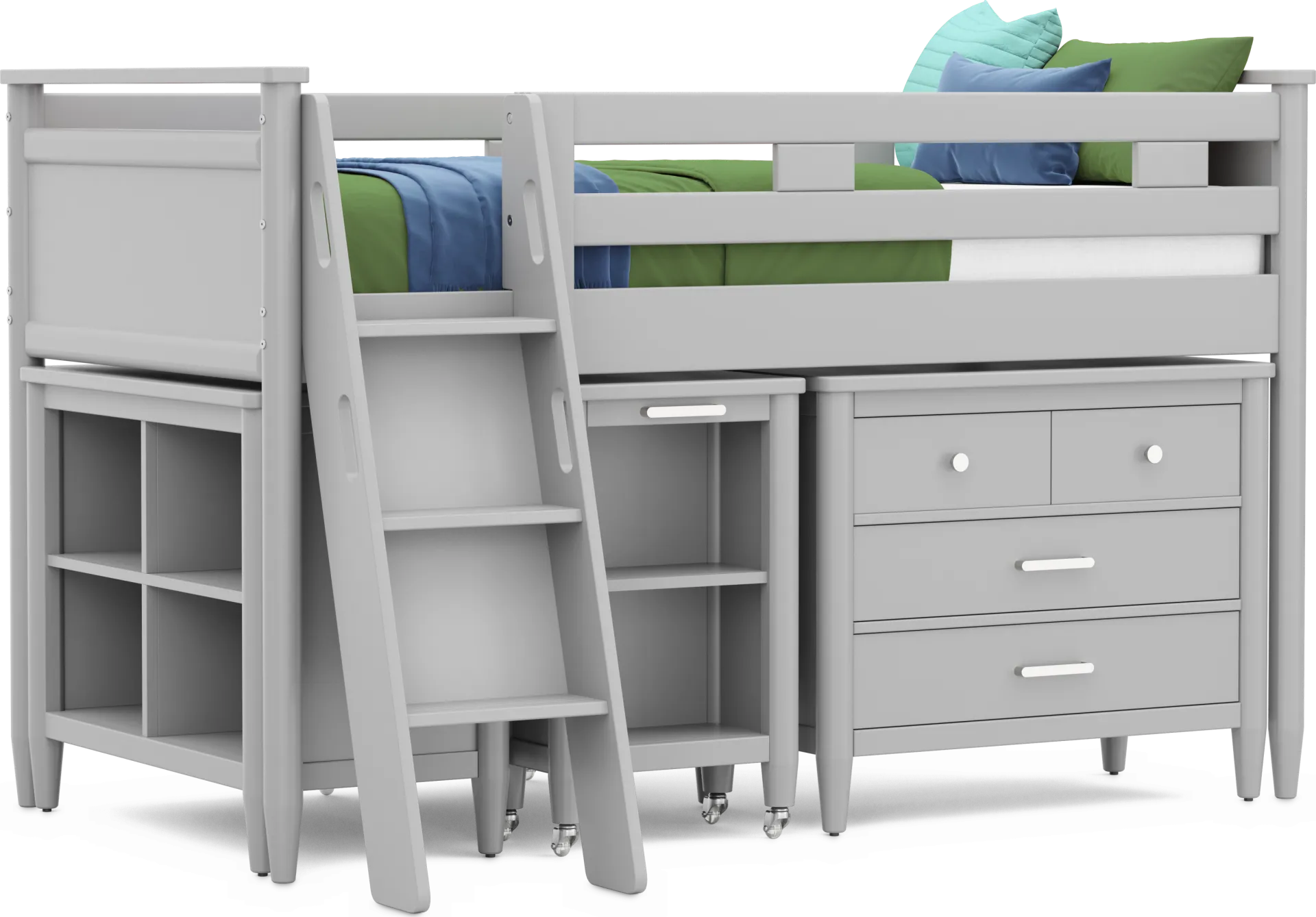 Kids Modern Colors Light Gray Twin Loft with Loft Chest, Bookcase and Desk - Image 1