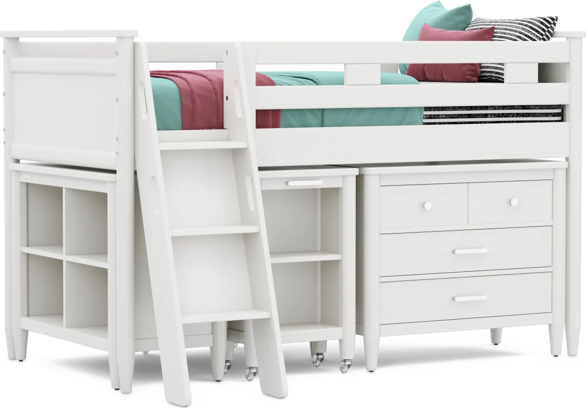 Kids Modern Colors White Twin Loft with Loft Chest, Bookcase and Desk