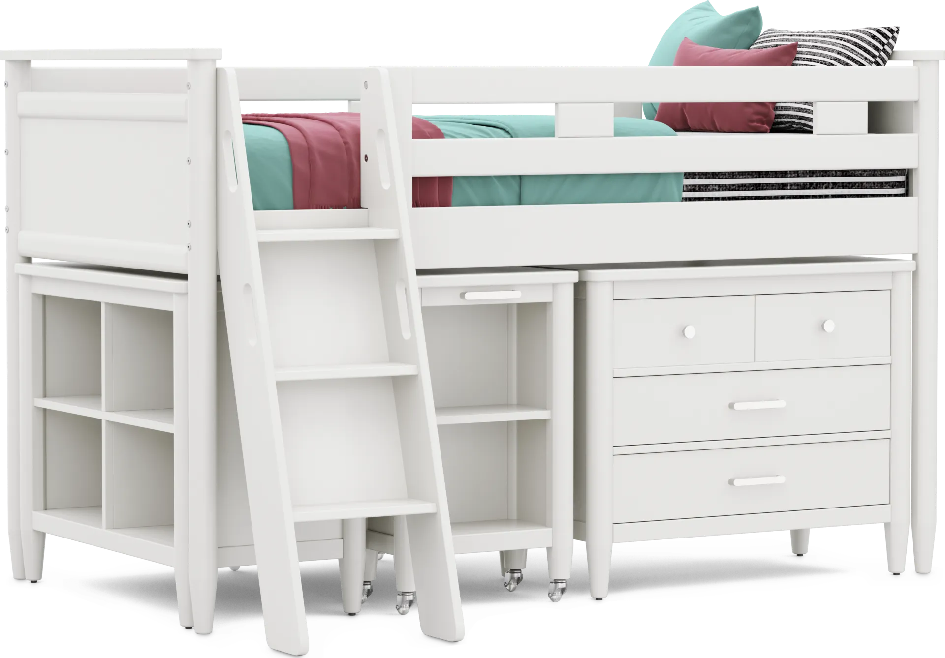 Kids Modern Colors White Twin Loft with Loft Chest, Bookcase and Desk - Image 1