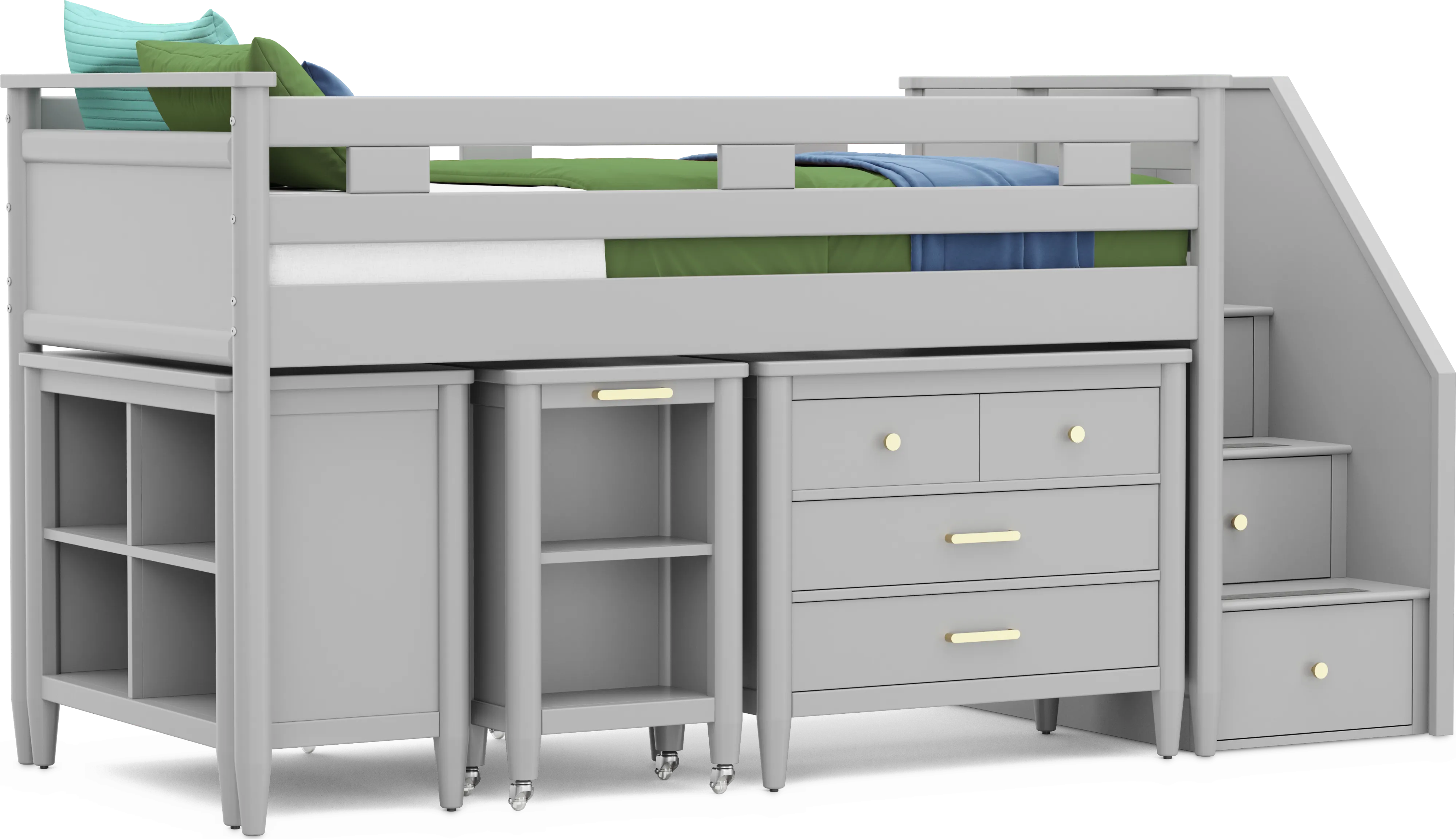 Kids Modern Colors Light Gray Twin Step Loft with Loft Chest, Bookcase and Desk - Thumbnail - Image 1