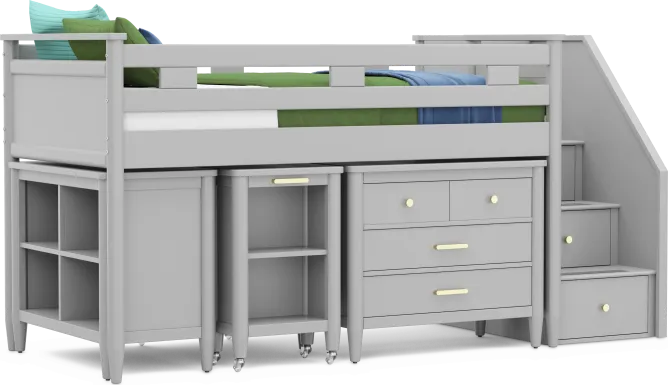 Kids Modern Colors Light Gray Twin Step Loft with Loft Chest, Bookcase and Desk