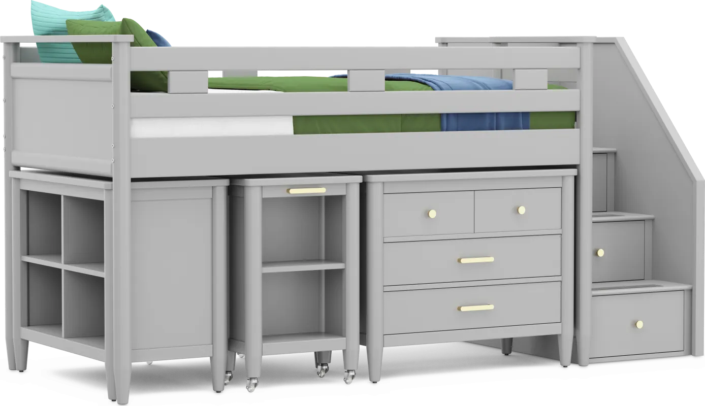 Kids Modern Colors Light Gray Twin Step Loft with Loft Chest, Bookcase and Desk