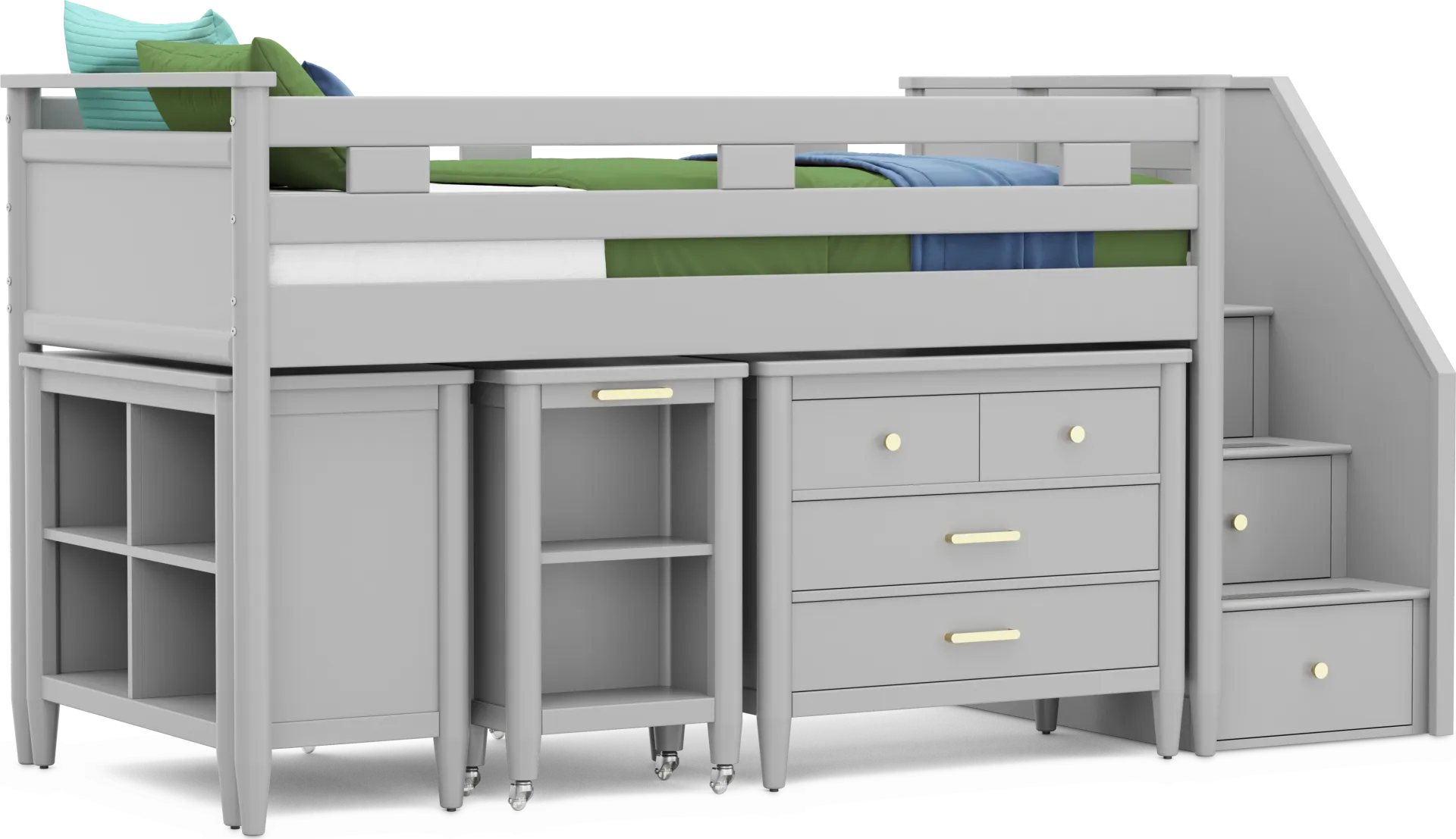 Kids Modern Colors Light Gray Twin Step Loft with Loft Chest, Bookcase and Desk - Image 1