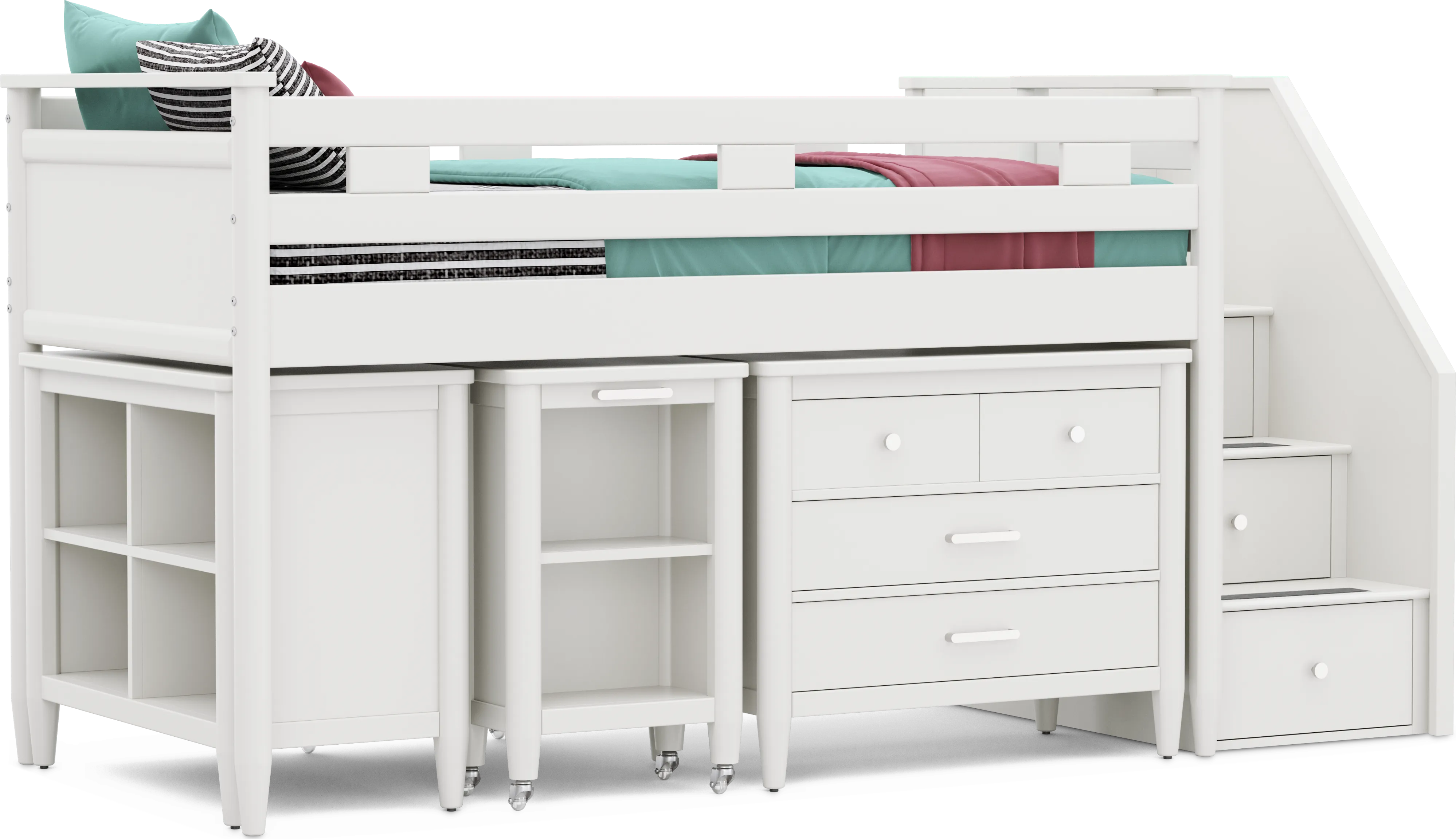 Kids Modern Colors White Twin Step Loft with Loft Chest, Bookcase and Desk - Thumbnail - Image 1