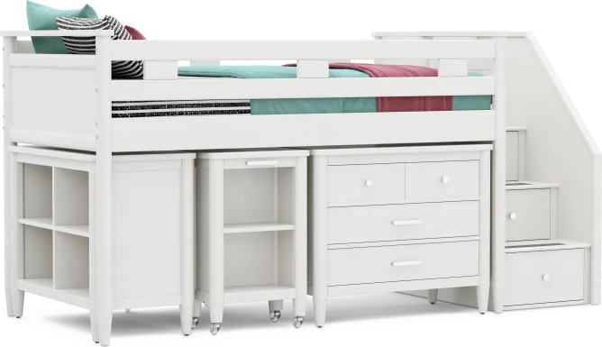 Kids Modern Colors White Twin Step Loft with Loft Chest, Bookcase and Desk