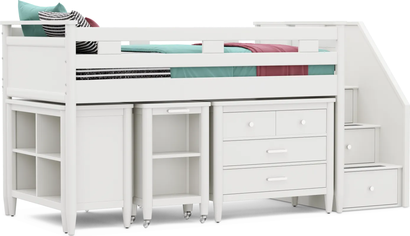 Kids Modern Colors White Twin Step Loft with Loft Chest, Bookcase and Desk