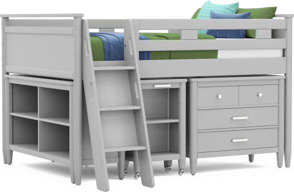 Kids Modern Colors Light Gray Full Loft with Loft Chest, Bookcase and Desk