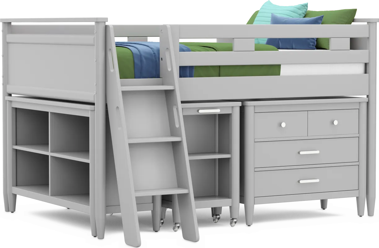 Kids Modern Colors Light Gray Full Loft with Loft Chest, Bookcase and Desk