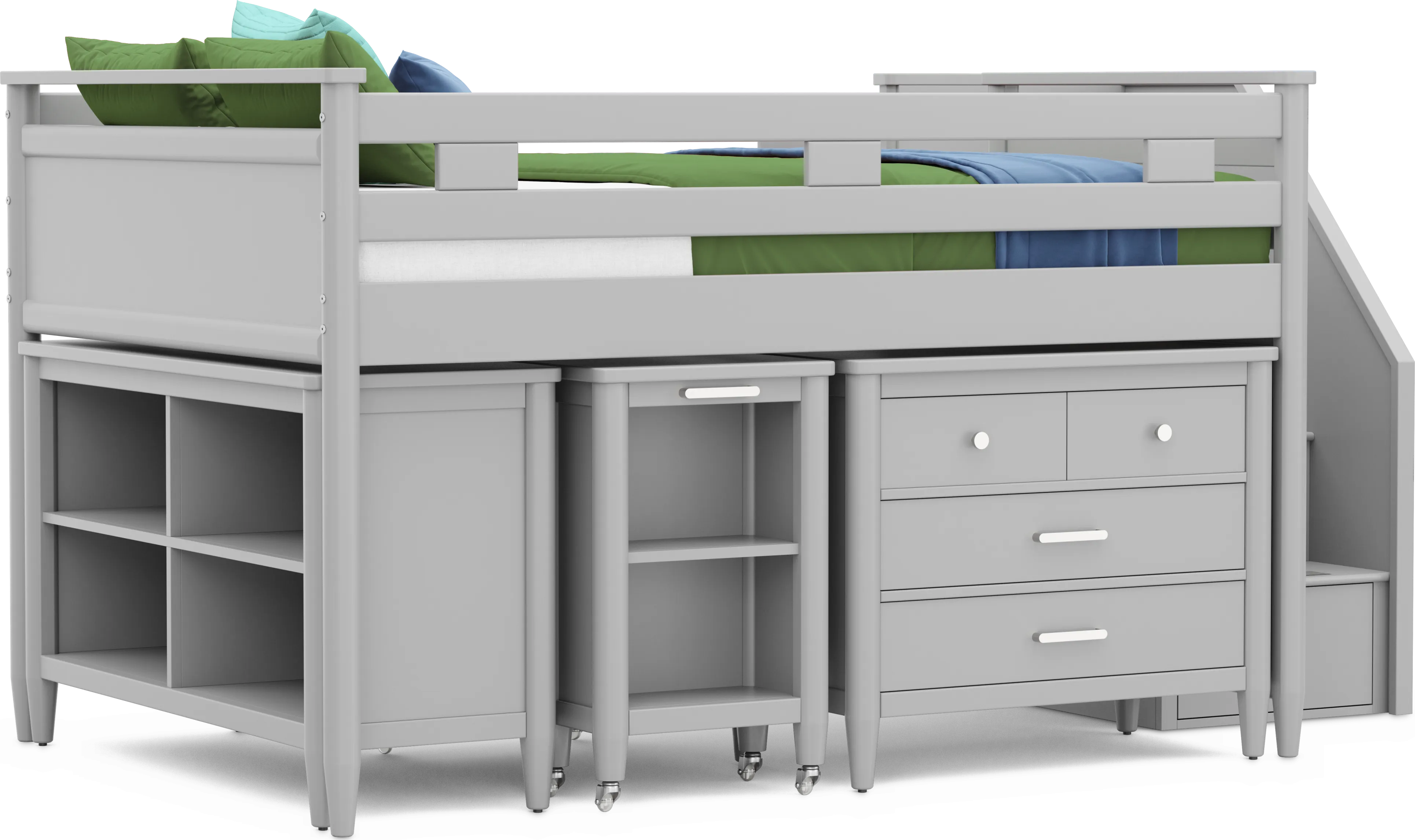 Kids Modern Colors Light Gray Full Step Loft with Loft Chest, Bookcase and Desk - Thumbnail - Image 1