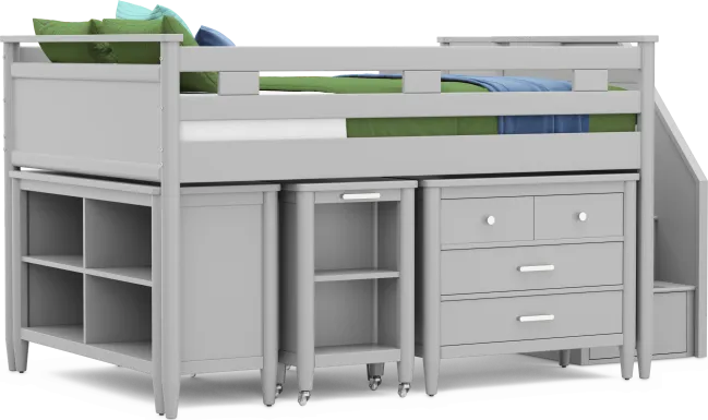 Kids Modern Colors Light Gray Full Step Loft with Loft Chest, Bookcase and Desk