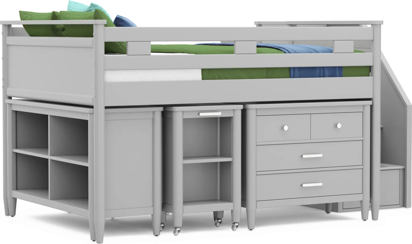Kids Modern Colors Light Gray Full Step Loft with Loft Chest, Bookcase and Desk