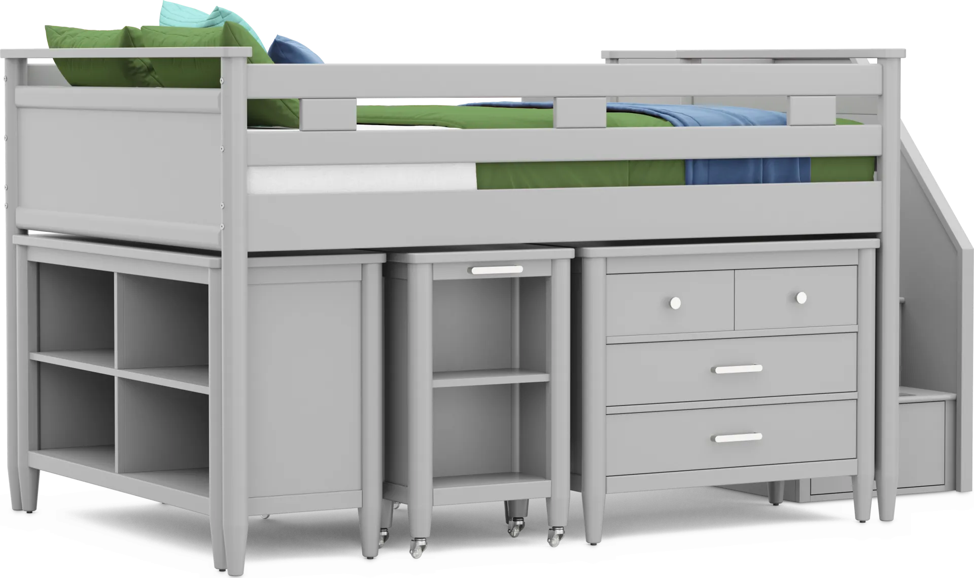 Kids Modern Colors Light Gray Full Step Loft with Loft Chest, Bookcase and Desk - Image 1