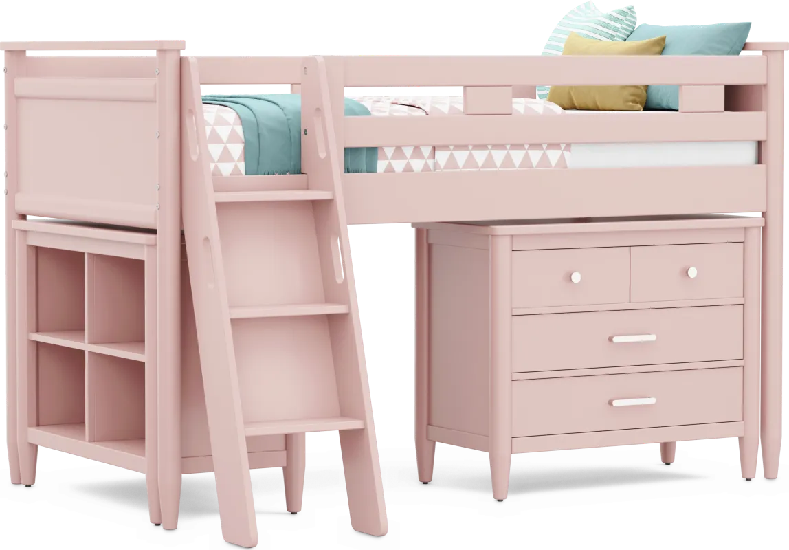 Kids Modern Colors Pink Twin Loft with Loft Chest and Bookcase